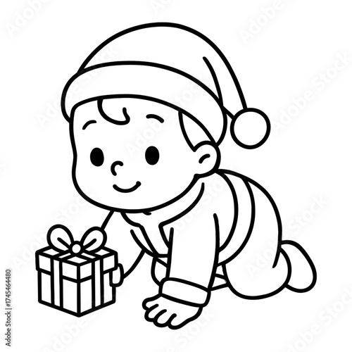 Cute baby in Santa costume with Christmas gift. My First Christmas coloring page vector art.