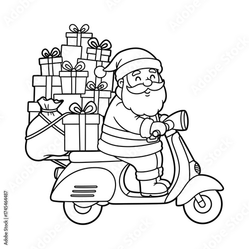 Cute Santa Claus on a scooter with Christmas gifts. Holiday delivery coloring page vector art