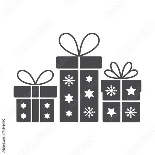 Three festive christmas gift boxes with snowflakes and stars in a black silhouette style