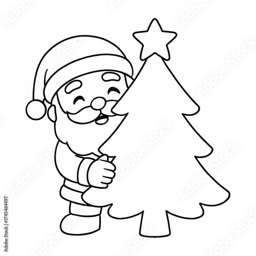 Cute cartoon Santa Claus peeking from behind a Christmas tree. Coloring book page vector art