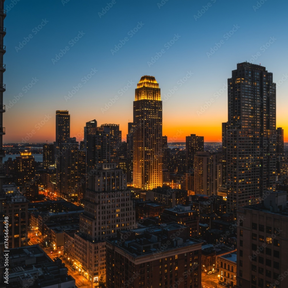 Fototapeta premium Cityscape at Dusk with Illuminated Skyscrapers Against Orange Sky in Urban Setting