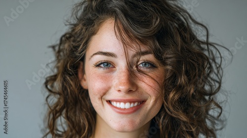 Radiant smile and tousled curls frame a joyful expression, capturing the essence of natural beauty and genuine happiness in a soft-toned portrait
