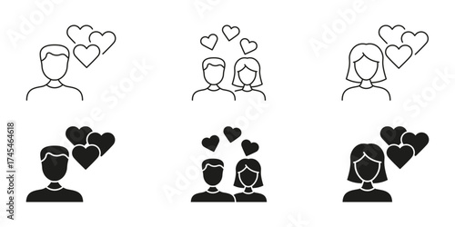 Male And Female With Hearts Line And Solid Icon Set. Love, Relationship, And Affection Symbol Collection. Romantic Connection And Emotional Bonding. Isolated Vector Illustration