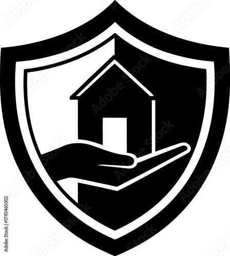 Black silhouette of a hand holding a house within a shield on a white background home protection