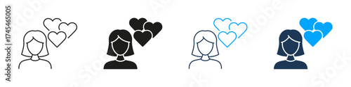 Woman With Hearts Line And Solid Icon Set. Love, Affection, And Relationship Symbol Collection. Emotional Connection And Care Representation. Isolated Vector Illustration