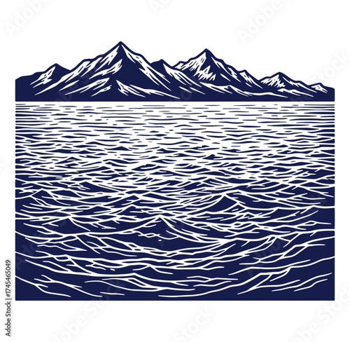 Stylized mountain range and sea waves vector illustration in a modern and minimalist style