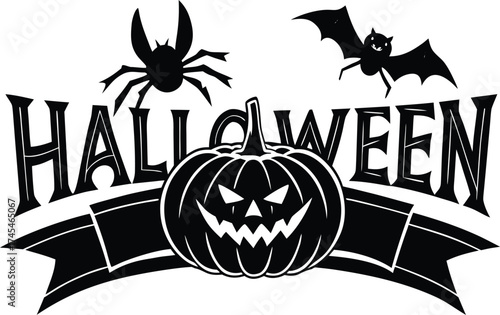 Halloween halloween banner with a grinning pumpkin, a bat, and a spider, ideal for spooky decorations and themed event promotions