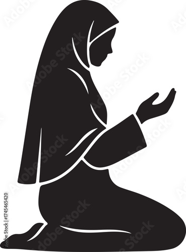 Silhouette of Muslim Woman Praying Islamic Prayer Du'a and Spirituality Icon