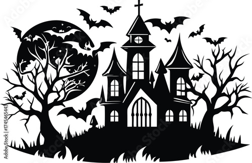 Halloween a spooky halloween church silhouette with bats flying around it and bare trees on a hill, , creating a chilling scene