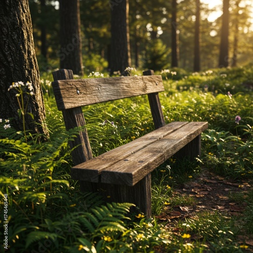 Wooden Bench among Wildflowers in a Verdant Forest with Sunlit Glade and Lush Green Undergrowth