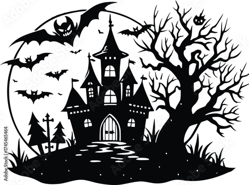 Halloween a spooky halloween castle silhouette with bats flying around it and a bare tree on a hill, , creating a chilling scene