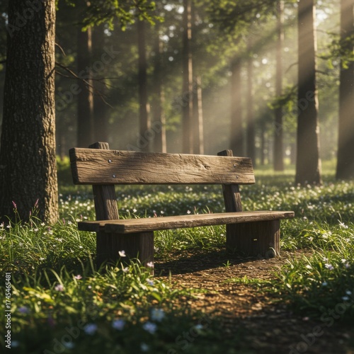 Rustic Wooden Bench in Sunlit Forest Glade with Wildflowers and Lush Greenery Serene Scene