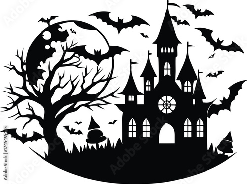 Halloween spooky halloween silhouette illustration featuring a haunted castle, bats flying in the night, a full moon, and a bare tree, creating a chilling and eerie scene