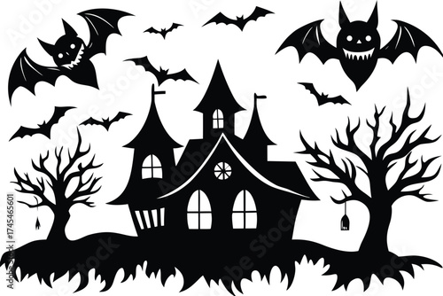 Halloween halloween silhouette illustration featuring a spooky haunted house, bats flying in the night, and bare trees, creating a chilling and eerie scene