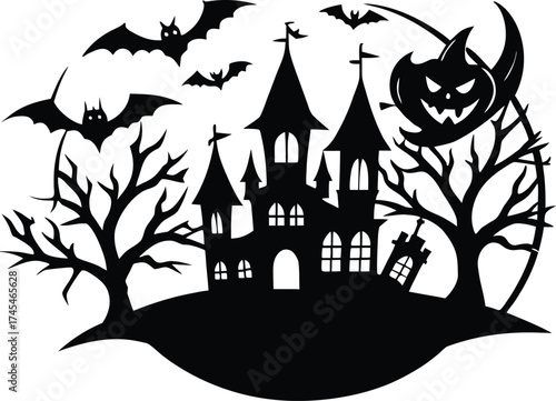 Halloween eerie halloween silhouette featuring a haunted castle, bats, bare trees, and a jackolantern moon in a vector illustration