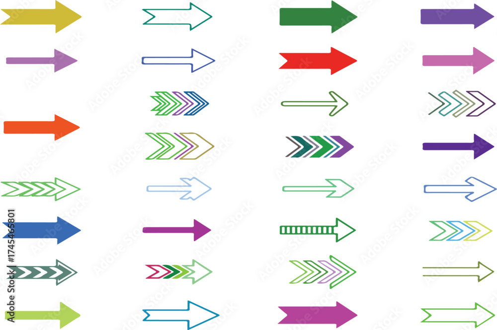 Fototapeta premium Large collection of diverse arrow shapes and styles in various colors on a white background arrows direction