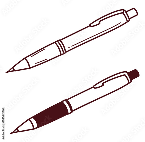Two simple hand drawn ballpoint pens in brown outline on white background illustration