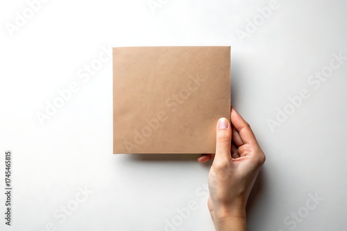 Hand holding a blank brown cardboard book cover on a white background with copy space