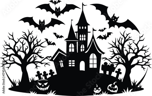 Halloween silhouette of a spooky haunted house on a hill with bats flying around, pumpkins, tombstones, and bare trees, creating a scary halloween scene