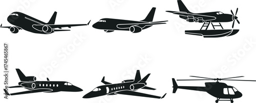 Black and white aircraft vector illustration, commercial jet, private jet, seaplane, propeller airplane, helicopter, aviation silhouette, airplane clipart design