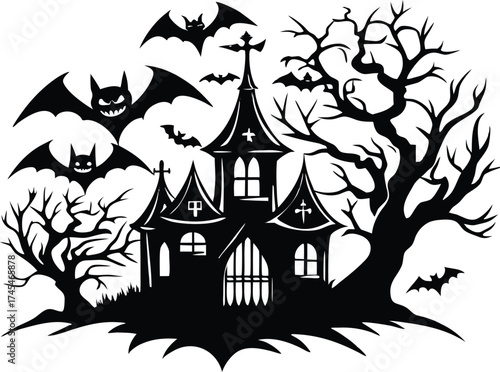 Halloween silhouette of a haunted castle with menacing bats and bare trees, creating a chilling halloween scene