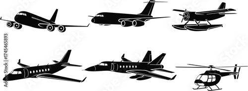 Black and white aircraft vector illustration, commercial jet, private jet, seaplane, cargo plane, helicopter, aviation silhouette, airplane clipart design