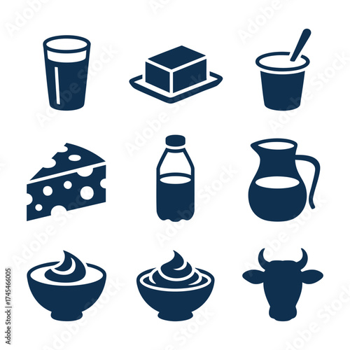 Collection of dairy product icons including milk cheese butter yogurt and cow head