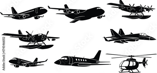 Black and white aircraft vector illustration, passenger airplane, cargo plane, seaplane, fighter jet, helicopter, commercial jet, aviation silhouette clipart