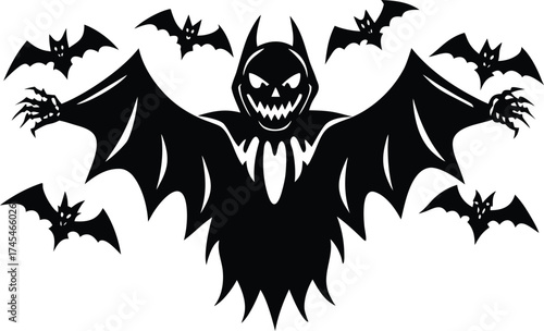 Halloween spooky grim reaper with bats, a chilling halloween scene with a menacing figure surrounded by flying creatures of the night