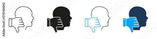 Thumbs Down With Human Head Line And Silhouette Icon Set. Negative Feedback, Disapproval, And Criticism Symbol Collection. User Experience And Opinion. Isolated Vector Illustration