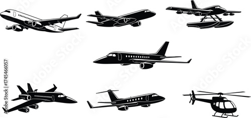 Black and white aircraft vector illustration, passenger airplane, private jet, seaplane, fighter jet, helicopter, regional jet, aviation silhouette clipart