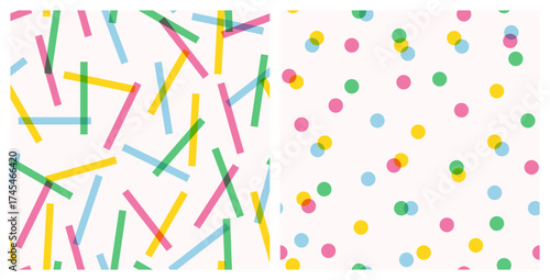 Set of simple cute colorful abstract seamless patterns of multicolored festive streamers and round confetti on a light background, vector illustration, flat style