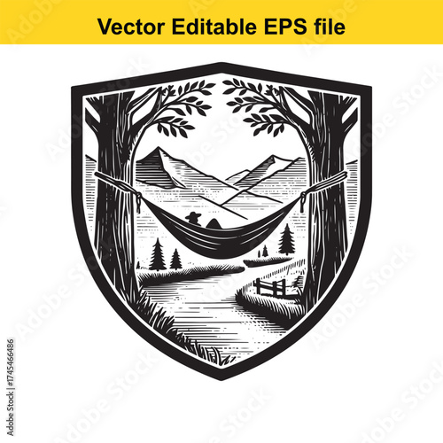 Vector art of person relaxing in a hammock between trees by a river in mountains