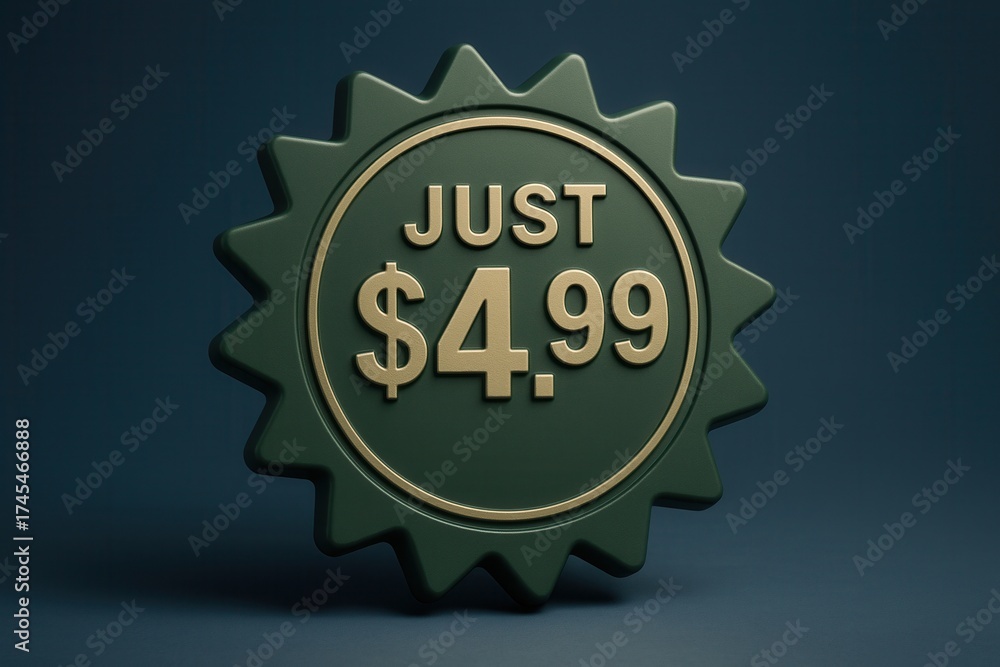 Naklejka premium Price tag with JUST $4.99 offer, glossy style, attractive retail discount promotion for customers.