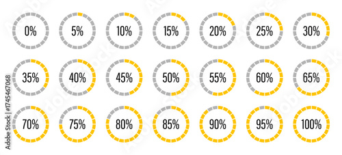 Template of yellow and gray color fill pie charts indicator. Round graph loading progress set. Yellow progress bars. Circle diagrams icons for infographics from 100 to 0 percent. Round percentage info
