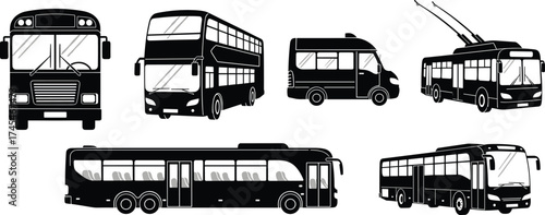 Black and white bus vector illustration, city bus, double decker, minibus, trolleybus, articulated bus, coach, public transportation silhouette clipart