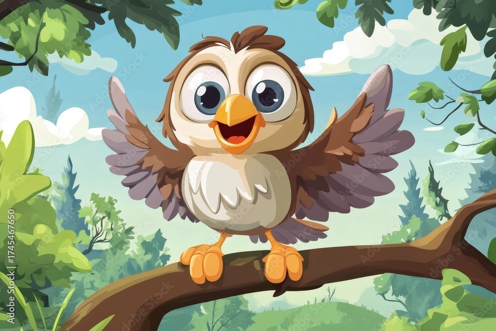 Obraz premium Cute cartoon owl bird perching on tree branch