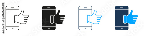 Smartphone With Thumbs Up Line And Solid Icon Set. Mobile Approval, Social Media Engagement, And Positive Feedback Symbol Collection. User Interaction And Connectivity. Isolated Vector Illustration