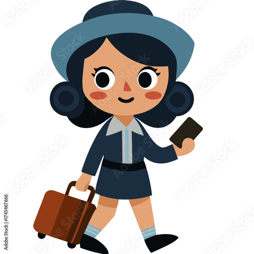Cartoon woman in a hat and carrying a suitcase