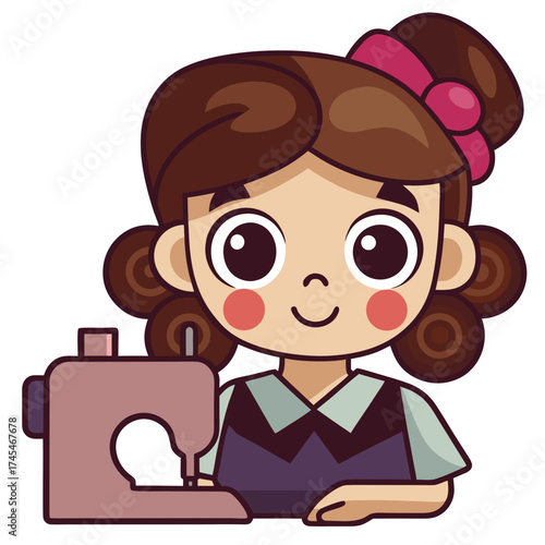 Cartoon woman next to sewing machine with a happy expression