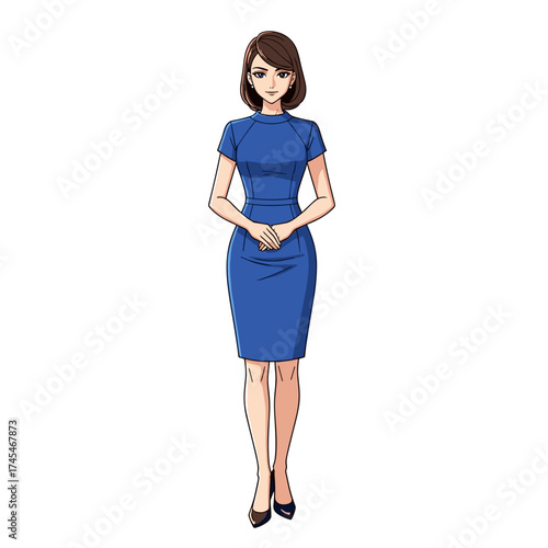 Young businesswoman standing confidently in a blue dress  