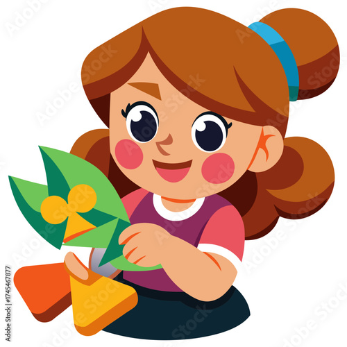 Cute cartoon girl happily holding a green paper craft