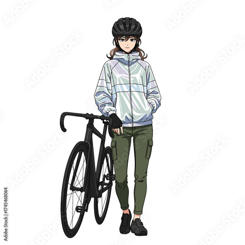 Young woman standing next to a bicycle wearing a helmet and jacket  