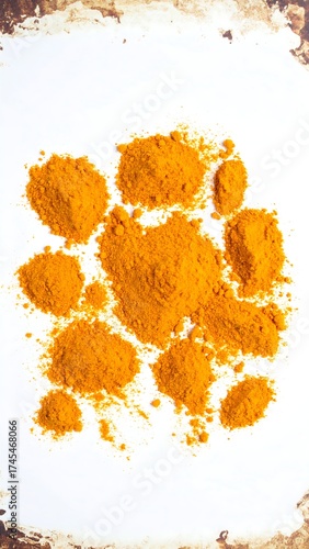Scattered piles of vibrant orange spice on a white surface