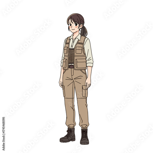 Young woman wearing explorer outfit standing in casual pose  