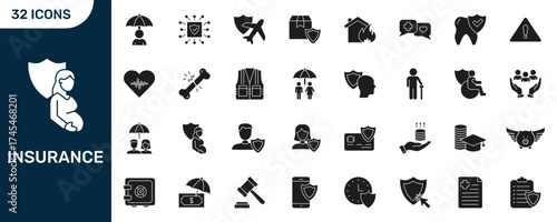 Insurance And Protection Solid Icon Set. Comprehensive Coverage, Risk Management, And Safety Assurance Silhouette Symbol Collection. Insurance Types. Isolated Vector Illustration