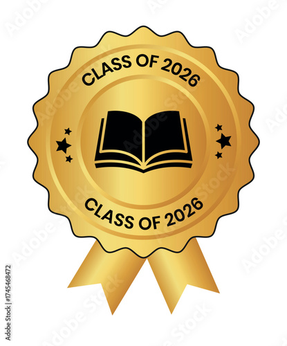 Class of 2026 graduation award emblem design template, graduation cap with laurel wreath in gold color template design collection. Class of 2026  logo, label, sign, badge, symbol isolated illustration