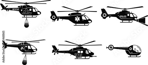 Black and white helicopter vector illustration, rescue helicopter, medical EMS helicopter, police helicopter, civilian helicopter, firefighting helicopter, silhouette clipart design