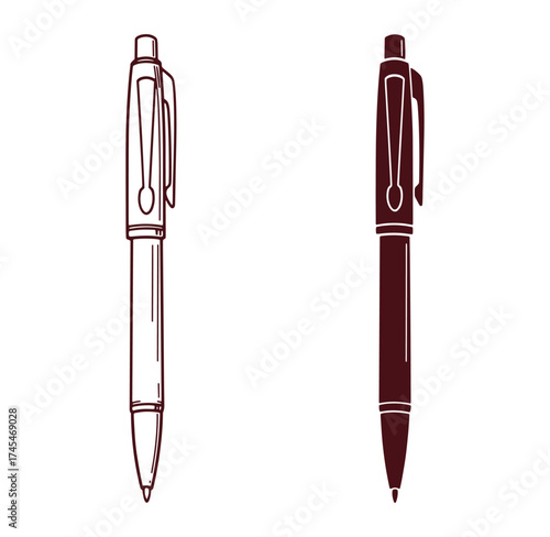 Vector illustration of two elegant ballpoint pens with outlined and filled styles on white