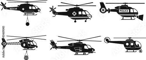 Black and white helicopter vector illustration, rescue helicopter, medical EMS helicopter, police helicopter, firefighting helicopter, military helicopter, observation helicopter silhouette clipart